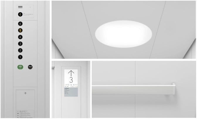 [画像]意匠デザインの詳細イメージ(左:フラットな操作盤と高い視認性を確保したボタン、
右上:サークル型の天井照明、中央下:表示の視認性を高めた液晶インジケーター、右下:フラットな角形ハンドレール)