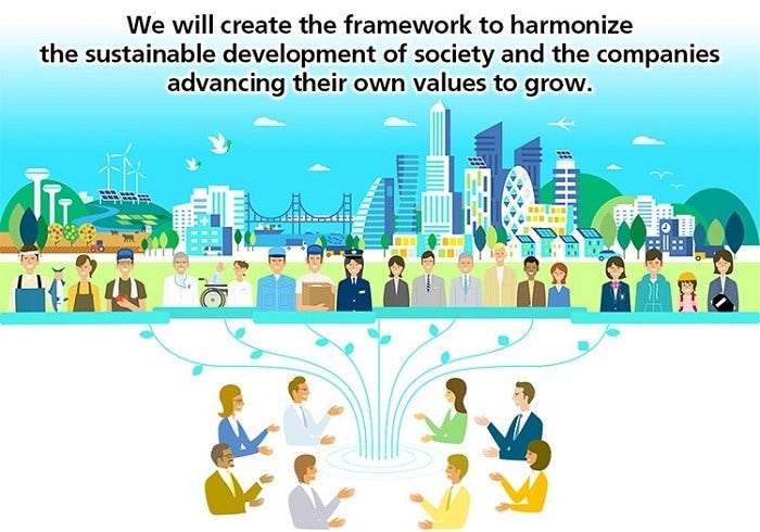 [image]We will create the framework to harmonize the sustainable development of society and the companies advancing their own values