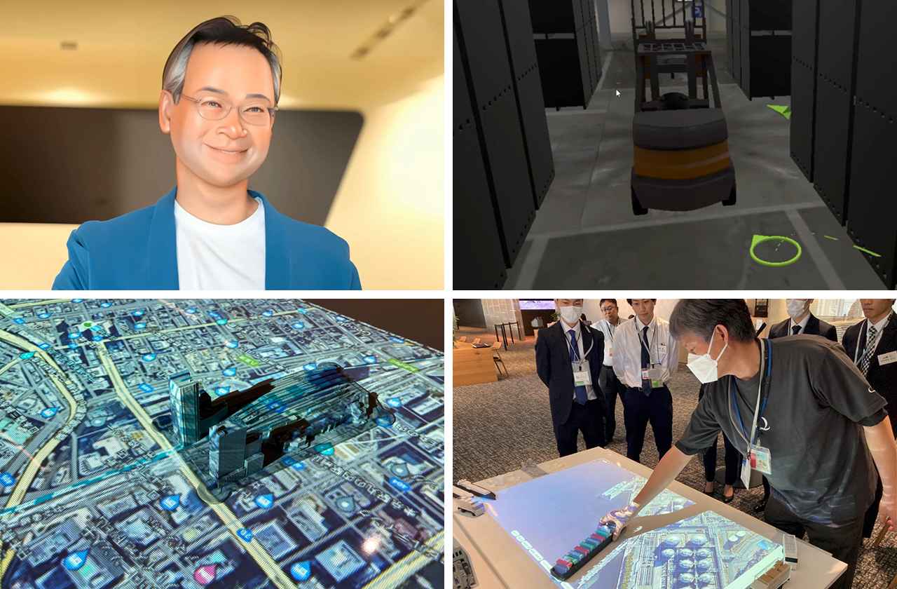 画像: 左上：生成AIを活用したデジタルアバター／右上：XRを活用したフォークリフトの運行体験 下段：3Dプリントと映像プロジェクションを活用した現場のモックアップ