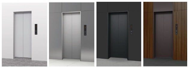 [画像]化粧鋼板(左からグレイッシュホワイト、アルミナムシルバー、アドバンストブラック、グロッシーブラウン)の戸・三方枠を用いた乗り場デザインイメージ