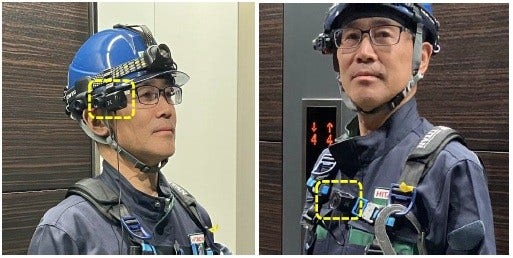 [画像]ウェアラブルカメラの装着イメージ : ヘルメット脇(左)と胸元中央(右)