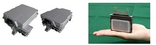 [画像]開発した800V小型高出力インバータ(左)と、直接水冷型両面冷却パワーモジュール(右)