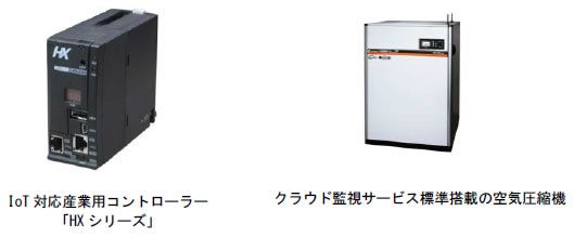 [画像](左)IoT対応産業用コントローラー「HXシリーズ」、(右)クラウド監視サービス標準搭載の空気圧縮機