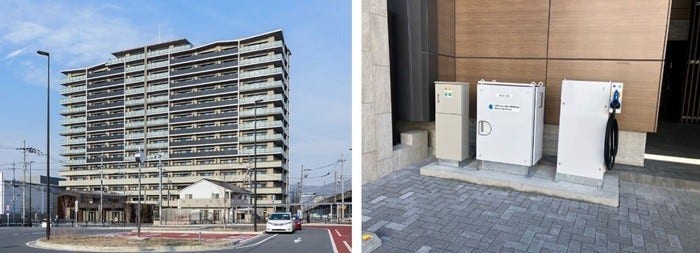 [画像]「シエリアシティ星田駅前」の外観(左)とV2Xシステム(右)
