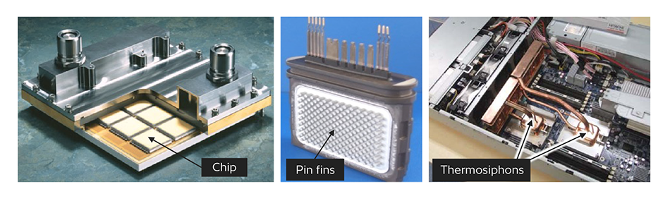 [5] MP5800 LSI Cooling Module Augmented with Hitachi Cooling Expertise (left), World-first Power Module with Double-sided Direct Water Cooling (middle), and Use of Thermosiphons for Server Cooling (right)