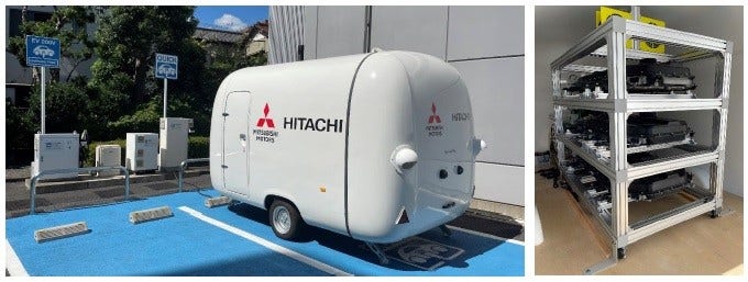 [画像]左図:バッテリキューブから給電している様子、右図:バッテリキューブに搭載しているリユースバッテリ