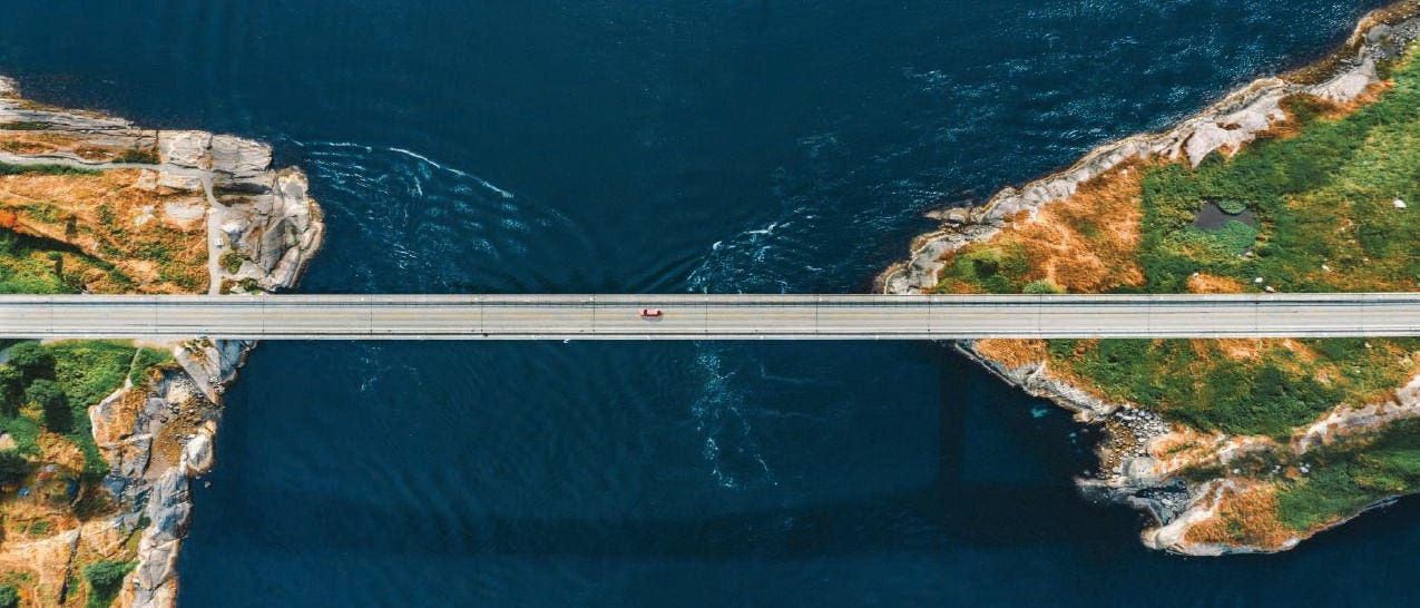 Birds eye view of a bridge and sea