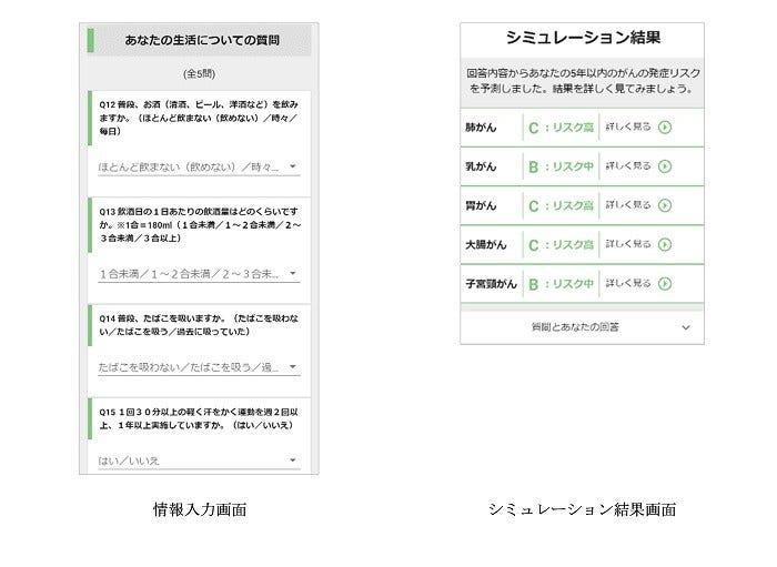 [画像](左)情報入力画面、(右)シミュレーション結果画面