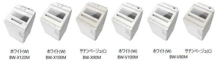 [画像](左から)ホワイト(W)BW-X120M、ホワイト(W)BW-X100M、サテンベージュ(C)BW-X90M、ホワイト(W)BW-V100M、ホワイト(W)サテンベージュ(C)BW-V80M
