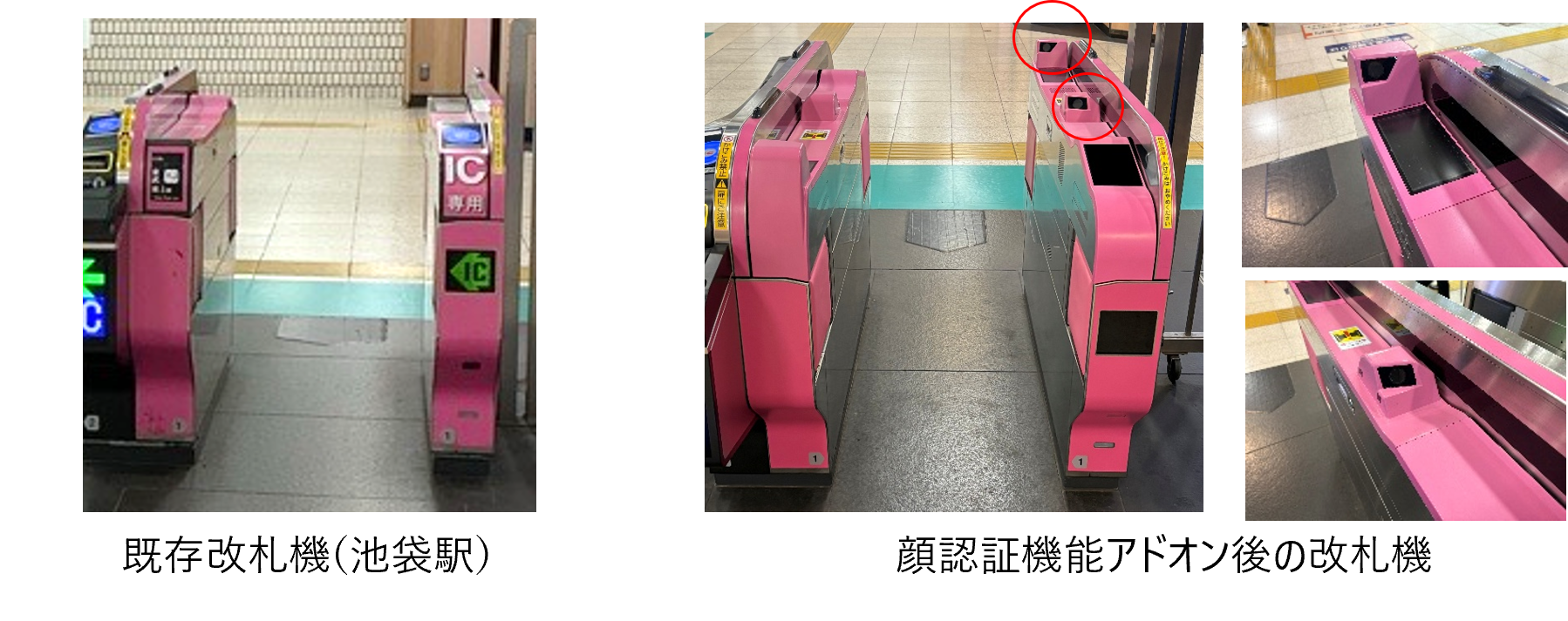 [画像](左)既存改札機(池袋駅)、(右)顔認証機能アドオン後の改札機