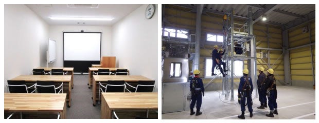 [画像]「能代トレーニングセンタ」の研修室(左)とトレーニング設備(右) (研修室の机には、秋田県産の木材を使用)