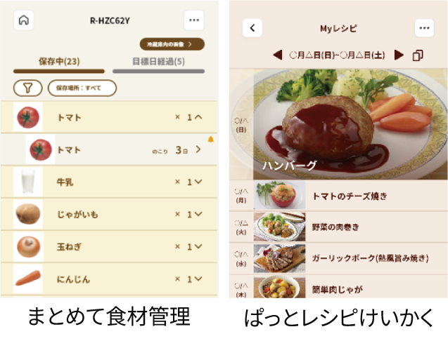 ［図4］「まとめて食材管理」と「ぱっとレシピけいかく」の画面イメージ