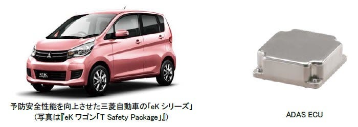 [画像](左)予防安全性能を向上させた三菱自動車の「eKシリーズ」(写真は『eKワゴン「T Safety Package」』)、(右)ADAS ECU
