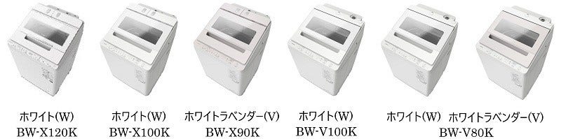 [画像](左から)ホワイト(W)BW-X120K、ホワイト(W)BW-X100K、ホワイトラベンダー(V)BW-X90K、ホワイト(W)BW-V100K、ホワイト(W)、ホワイトラベンダー(V)BW-V80K