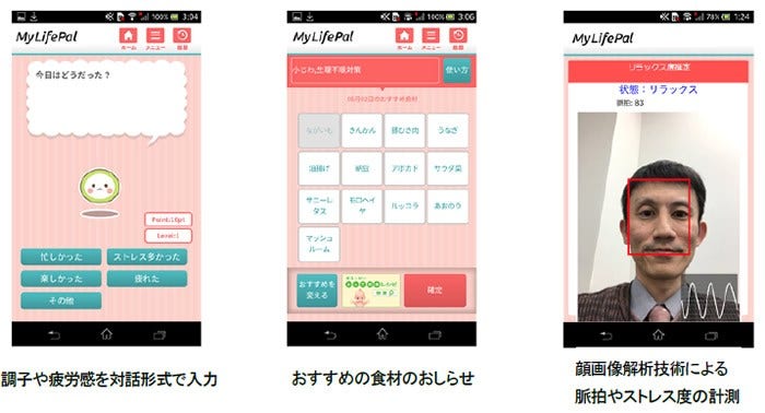 [画像]図 「MyLifePal」画面イメージ (左)調子や疲労感を対話形式で入力 (中央)おすすめの食材のおしらせ (右)顔画像解析技術による脈拍やストレス度の計測