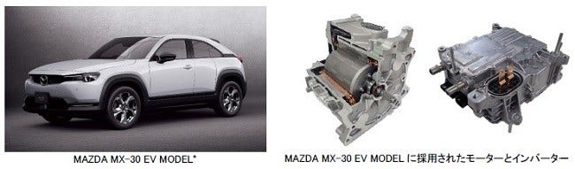 [画像](左)MAZDA MX-30 EV MODEL、(右)MAZDA MX-30 EV MODELに採用されたモーターとインバーター