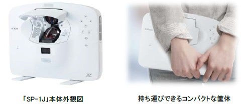 [画像](左)「SP-1J」本体外観図、(右)持ち運びできるコンパクトな筐体