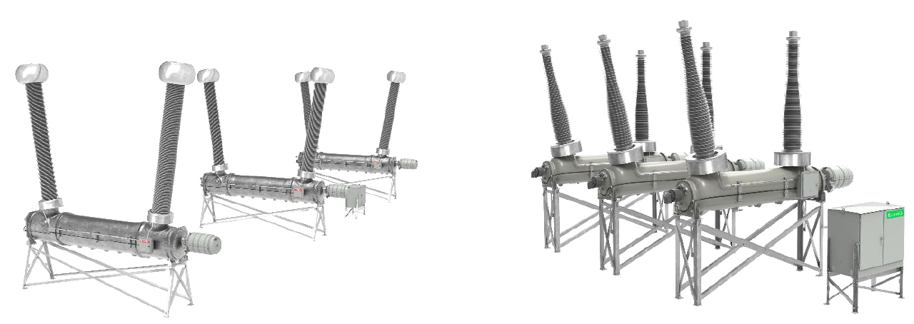 [image]The new EconiQ switchgear 800 kV dead tank circuit breaker (left) and the EconiQ 420 kV dead tank circuit breaker (right)