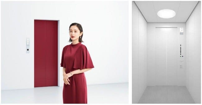 [画像]テレビCM出演中の俳優・堀田 真由さんと「アーバンエース HF Plus」の乗り場デザインイメージ(左)、「アーバンエース HF Plus」の乗りかご内デザインイメージ(右)