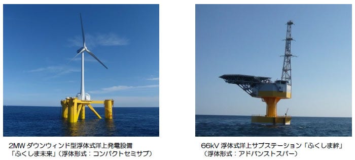 [画像](左)2MWダウンウィンド型浮体式洋上発電設備 「ふくしま未来」(浮体形式 : コンパクトセミサブ) (右)66kV浮体式洋上サブステーション「ふくしま絆」(浮体形式 : アドバンストスパー)