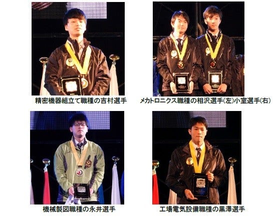 [画像](左上)精密機器組立て職種の吉村選手、(右上)メカトロニクス職種の相沢選手(左)小室選手(右)、(左下)機械製図職種の永井選手、(右下)工場電気設備職種の黒澤選手