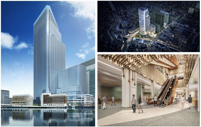 [画像]左:外観イメージ、右上:鳥瞰イメージ、右下:C街区の商業施設1階イメージ