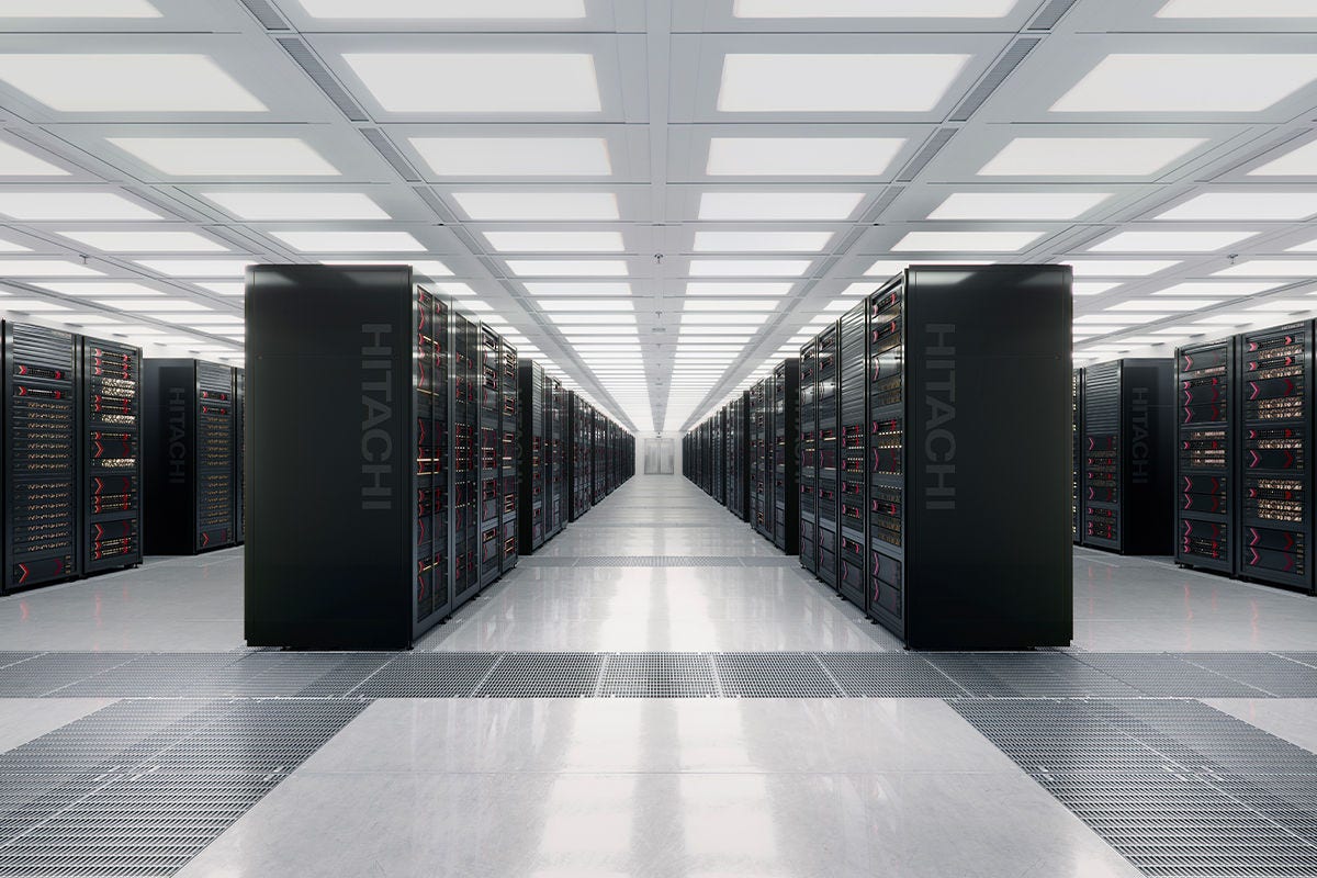 Rows of Hitachi server racks in a modern data center