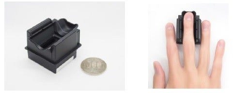 [画像]「小型指静脈認証モジュールH4Eシリーズ」外観(写真左)と使用イメージ(写真右)