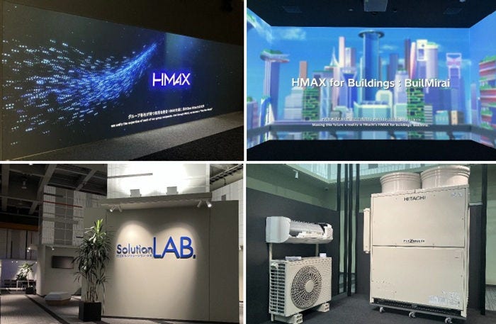 [image]A branding area showcasing Hitachi’s journey from its founding to the vision it aims to achieve through Inspire 2027. (Top left) A three-sided immersive theater presenting the future of buildings through powerful, engaging visual experiences. (Top right) The entrance to the exhibition area where visitors can experience Hitachi’s comprehensive capabilities brought together under the One Hitachi. (Bottom left) An interactive corner that visualizes and demonstrates commercial air conditioning control using augmented reality technology. (Bottom right)