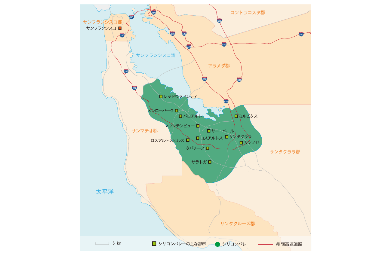 画像: 図 シリコンバレーの地図 （出典）Junge-Gruender.de による地図をもとに地名を日本語化（CC BY 4.0）