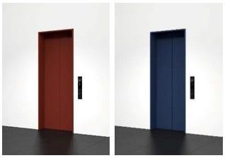 [画像]鋼板塗装の新色(左からオリエントレッド、コバルトブルー)の戸・三方枠を用いた乗り場デザインイメージ