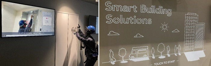 [画像]AI活用による現場改革「AI Safety ソリューション」(左)と、日立のスマートビルサービスをデジタルサイネージでご紹介するコーナー(右)
