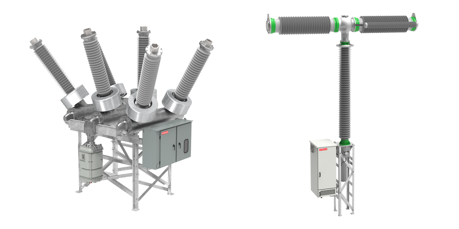 [画像]EconiQ® 245 kV単体遮断器(左)とEconiQ® 420 kV 80 kAがいし形遮断器(右)