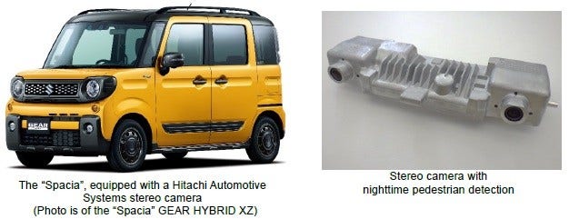 [image](left)The "Spacia", equipped with a Hitachi Automotive Systems stereo camera (Photo is of the "Spacia" GEAR HYBRID XZ), (right)Stereo camera with nighttime pedestrian detection