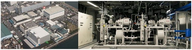 [画像]ニチレイロジグループ船橋物流センターの外観写真(左)と、冷凍設備(右)