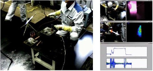 [画像]ろう付け作業(写真左)と画像解析技術を用いたろう付けプロセスのセンシング例(写真右)