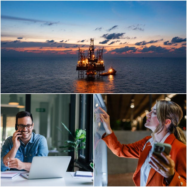 Offshore energy platform and professionals using digital tools, illustrating how human expertise, operational knowledge, and connected data support intelligent decision-making across complex industrial environments.