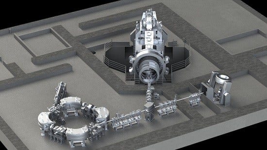 [画像]回転ガントリ(中央)と座位治療システム(右)を備えた陽子線治療システムのイメージ