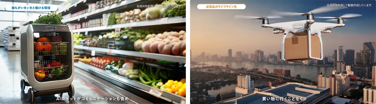画像: お店で働く未来型ロボットやドローンの飛行シーンもプロンプトにより生成