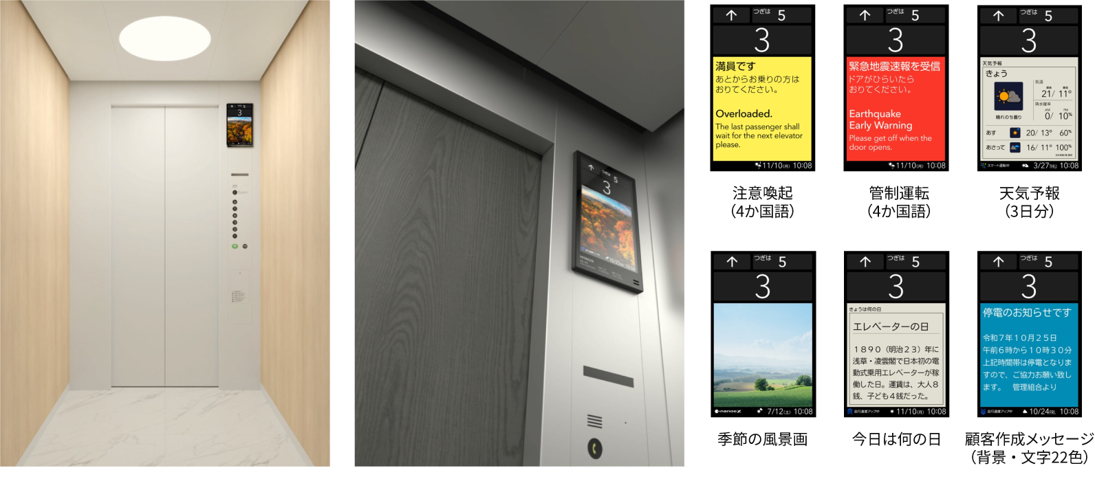 ［図3］アーバンエース HF Miraiかご内（左）および液晶インジケーター表示コンテンツ（右）のイメージ