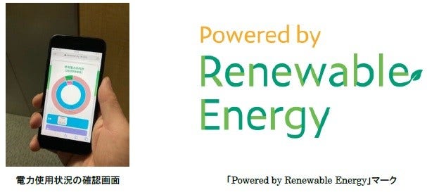[画像](左)電力使用状況の確認画面、(右)「Powered by Renewable Energy」マーク 