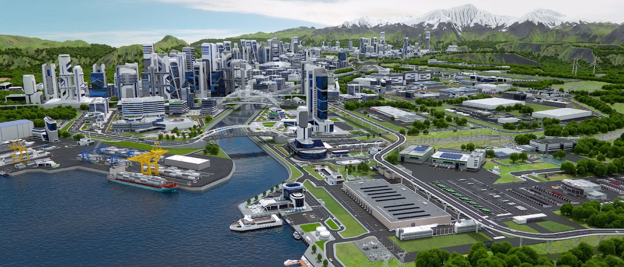 futuristic cityscape with a port, train station, and buildings.