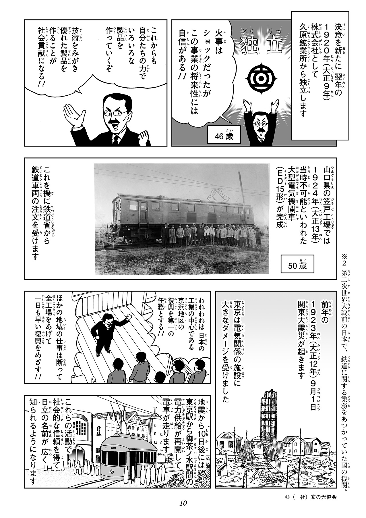 1920年に株式会社として独立した日立製作所は、1924年には大型電気機関車を製造。関東大震災で関東地方が被災した際は京浜地区の復興に尽力し、徐々に社会的な信頼を得ていきました。