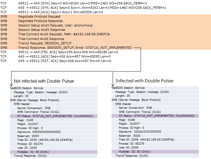 Figure 11: SMB connection flows containing the IP address (192.168.56.20) hardcoded in the malware