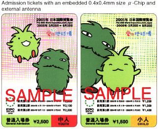 Admission tickets with an embedded 0.4x0.4mm size µ-Chip and external antenna