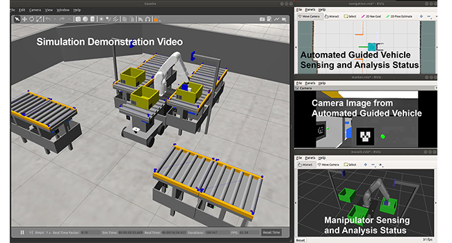 Fig 2. Simulation proving the technologies can properly handle materials even with conveyor placement errors by linking manipulators and automated guided vehicles