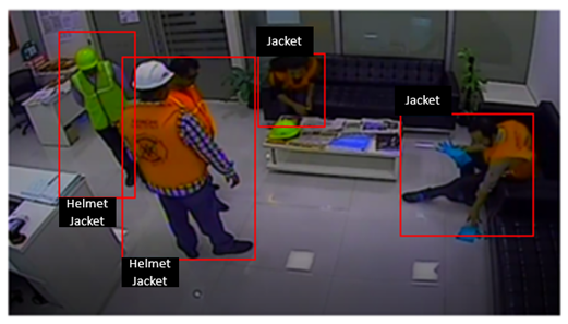 Figure 5(b): Example images from simulated dataset showing predictions with illumination and varying posture of workers with safety gears.
