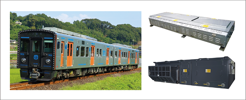 [7] YC1 hybrid train of JR Kyushu (left), its storage batteries (top-right) and main converter (bottom-right)