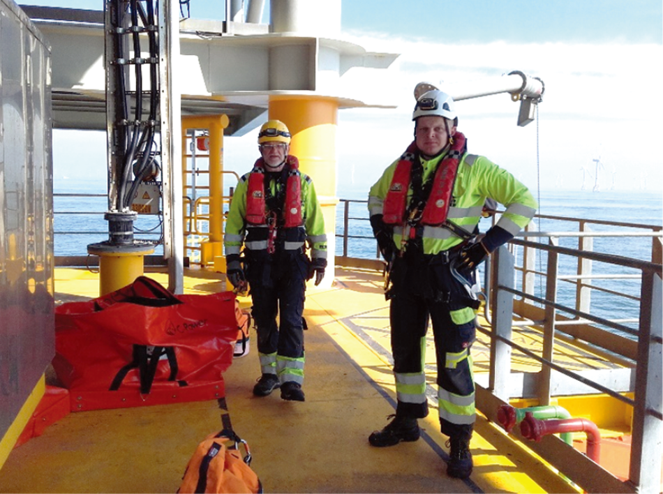 ［10］Service personnel wearing personal protective equipment for sea transfer and work on an offshore substation