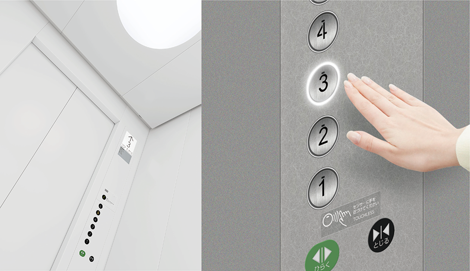 ［01］Inside of the new standard elevator car (left) and floor selection using the sensor-integrated touchless button (right)